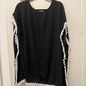 Adreamly Women’s Black Tassel Swimsuit Cover-Up NWT Pom Pom Trim vacation tropic